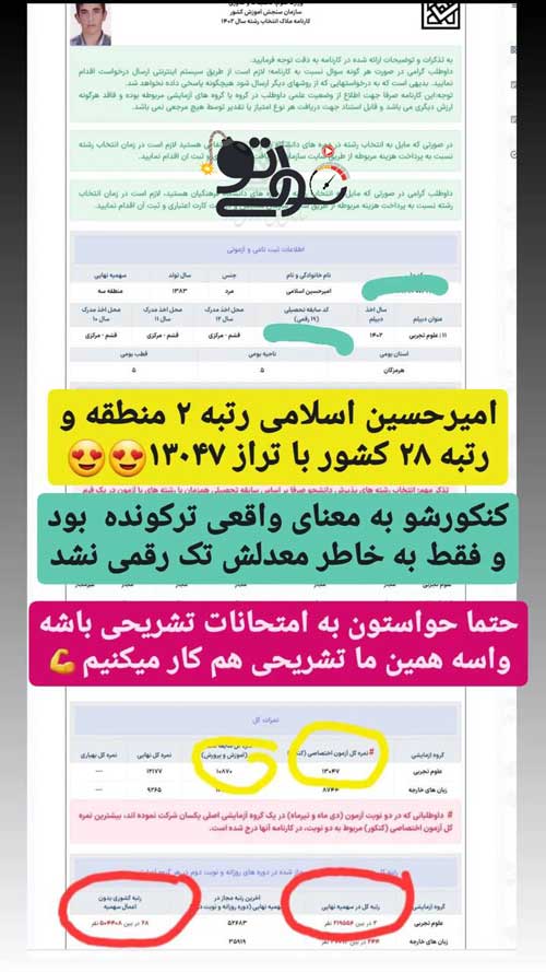 کارنامه امیرحسین اسلامی رتبه برتر فولیتو