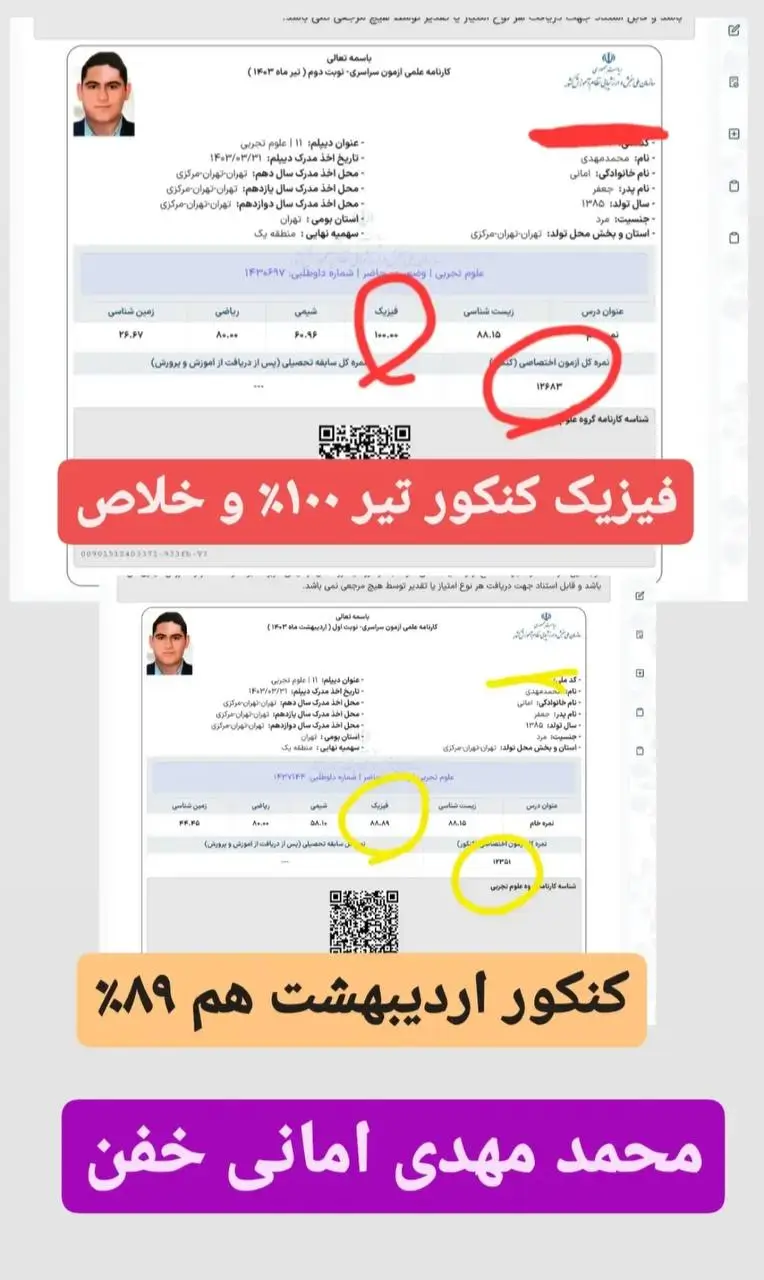 کارنامه محمد مهدی امانی رتبه برتر فولیتو
